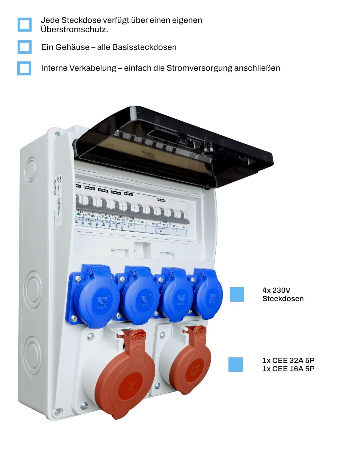 RoadEu - Stroomverdeler 230V - 2x Schuko stopcontact met C16A