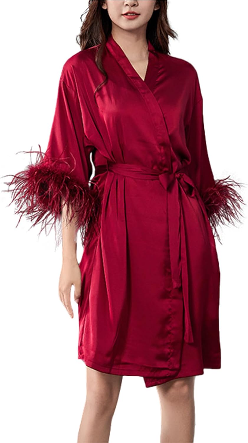 Women Sexy Lingerie Kimono Robe Imitation Silk Sheer Babydoll Nightgowns White Nightdress with Feather Splicing,Red,M