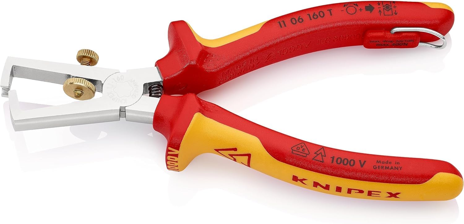 KNIPEX Pince à dénuder Avec ressort d'ouverture, universel chromée isolées avec gaines bi-matière, homologuées VDE ; avec œillet de, 11 06 160 T