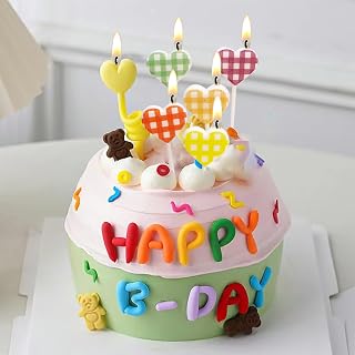 Festive Checkered Heart Cake Candles - Set of 5 | Colorful Plaid Cupcake Toppers for Birthday, Wedding & Party Desserts