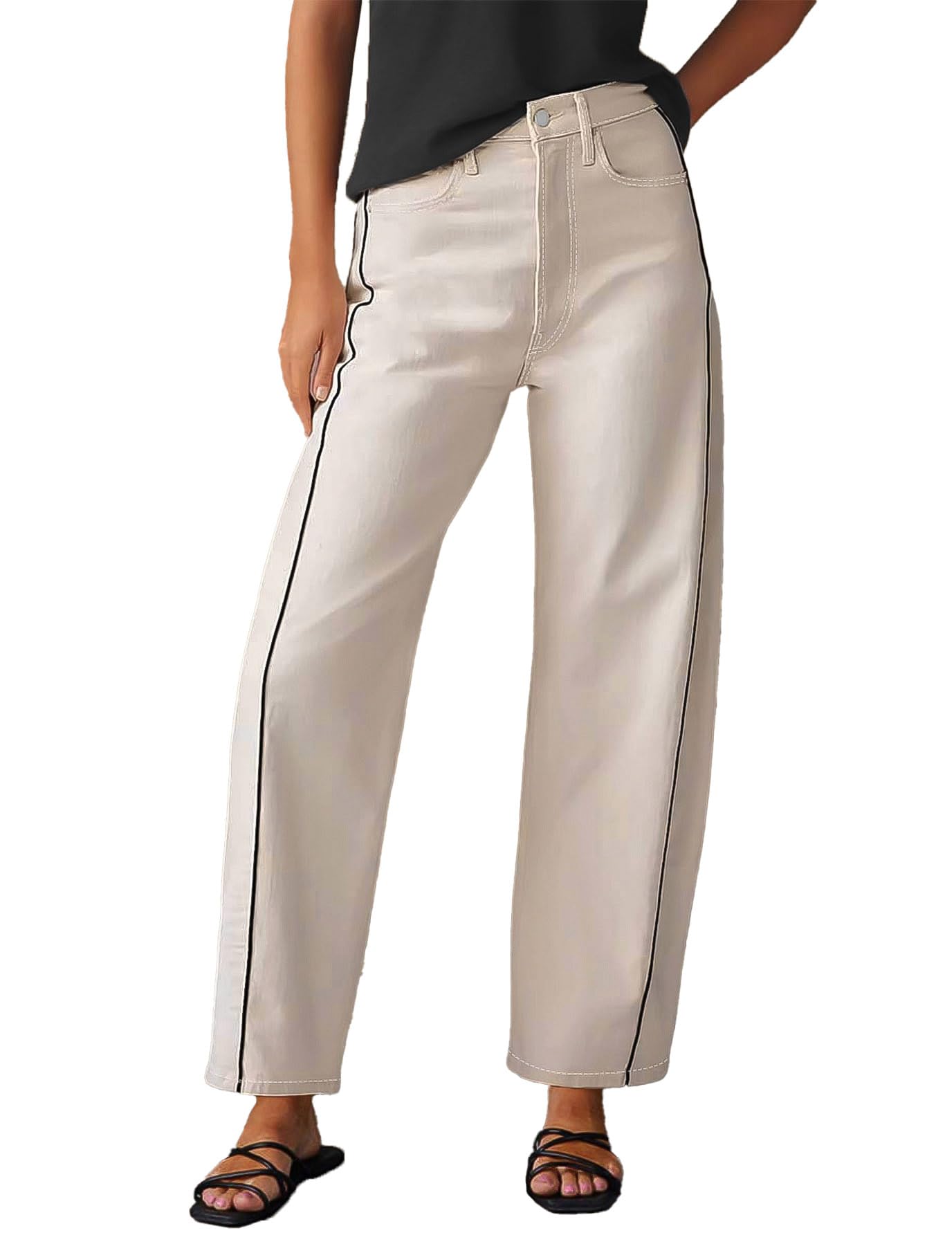 Flamingals High Waist Straight Leg Pants for Women White Office Casual Workwear Barrel Pants