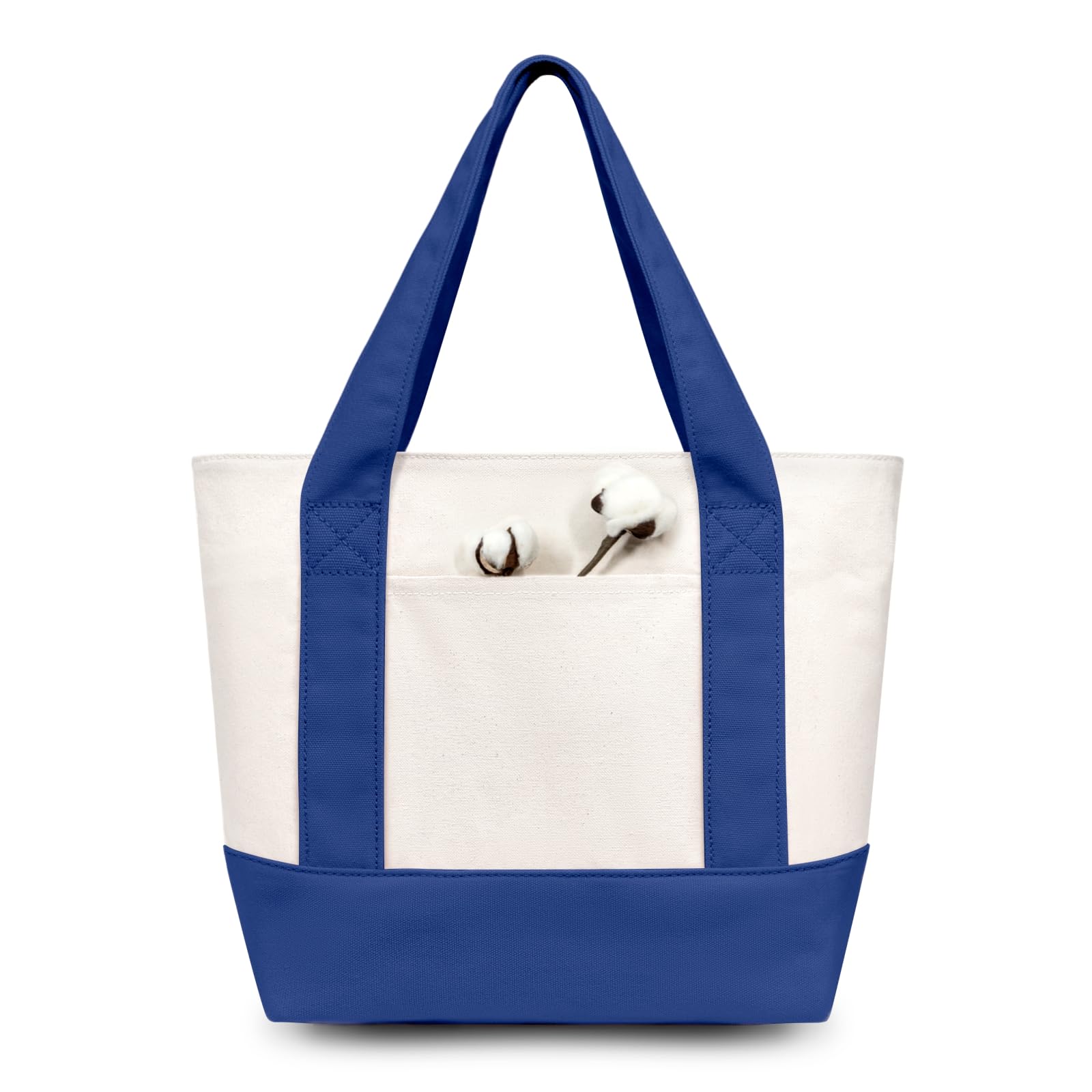 TOPDesign 1-Pack Small Canvas Tote Bag with an External Pocket, Reusable Bag, Top Zipper Closure, Daily Essentials (Blue/Natural)