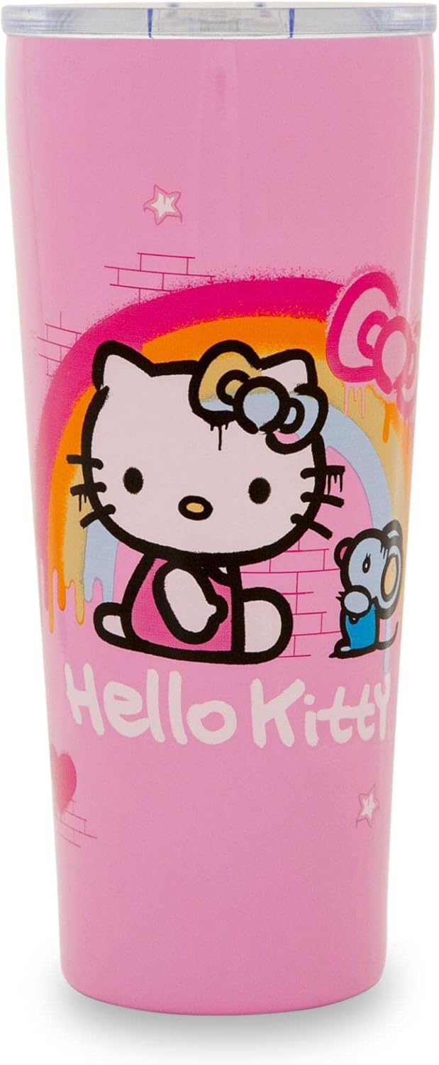 Silver Buffalo Sanrio Hello Kitty Graffiti Double Walled Stainless Steel Tumbler with Straw Featuring Hello Kitty and Joey, 22 Ounces