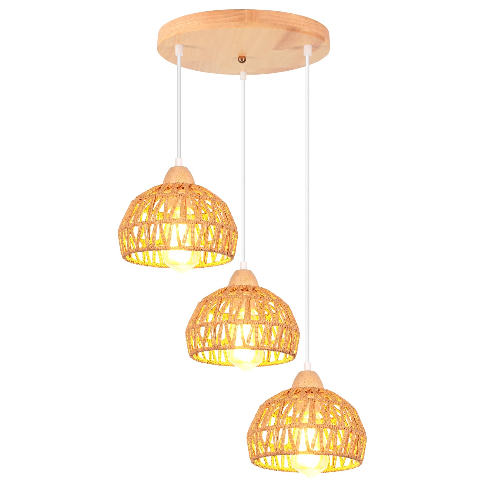 iDEGU Vintage Pendelleuchte 3-flammig Kronleuchter aus Holz Rattan Lampenschirm 20cm E27 Hängeleuchte Dekoration Retro Hängelampe für Esszimmer, Schlafzimmer, Wohnzimmer, Küche (Braun, Rondell)