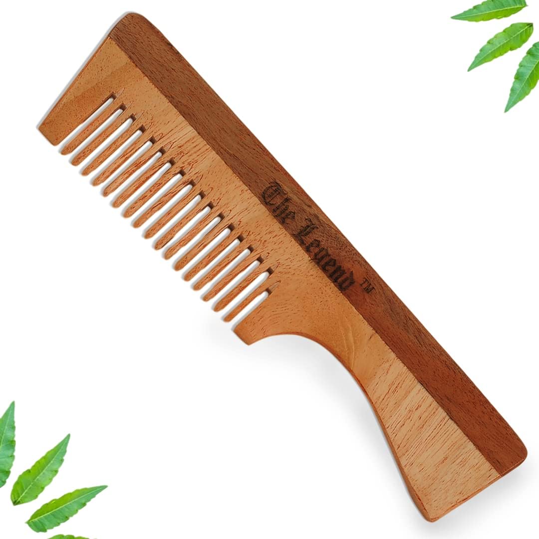 Organic Pure Neem Wood Comb with Handle, Brown