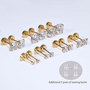 Titanium Earrings Screw Back Earrings for Women Toddler, Hypoallergenic Flat Back Stud Earrings Cubic Zirconia Studs for Cartilage Helix Tragus Piercing Jewelry