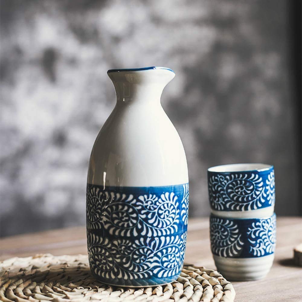 Set 3 Pièces Tasses Saké Japonais En Céramique Bleu Étoilé – Pot + 2 Tasses, Style Rétro Élégant, Cadeau Idéal