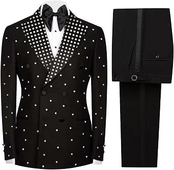 Mens 2 Pieces Tuxedo Suit Slim Fit Double Breasted Blazers Pants Outfit with Shiny Handmade Rhinestone