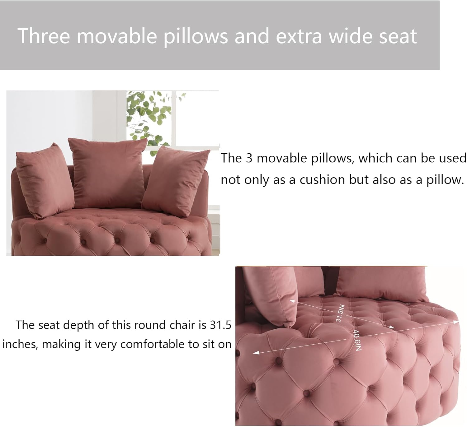 Round Accent Chair, 40” Modern Velvet Sofa Chair with 3 Pillows, Comfy Upholstered Tufted Club Lounge Chair for Living Room Bedroom, Pink