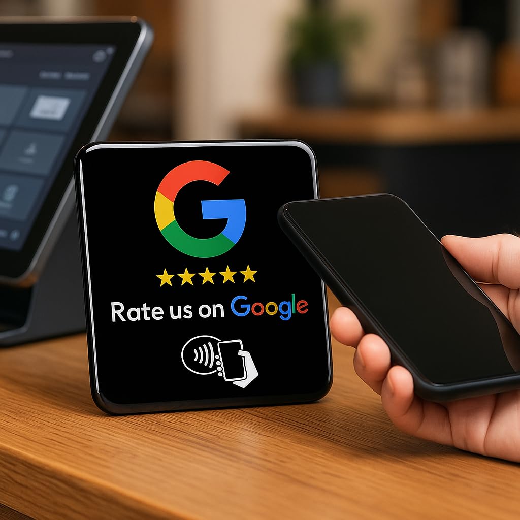 Aspira Home Google Bewertungskarte mit NFC-Chip, Rezensionskarte für Google Bewertungen, FERTIG VOREINGERICHTET für Ihr Google Bewertungsprofil, schwarz, 7,5 x 7,5 cm
