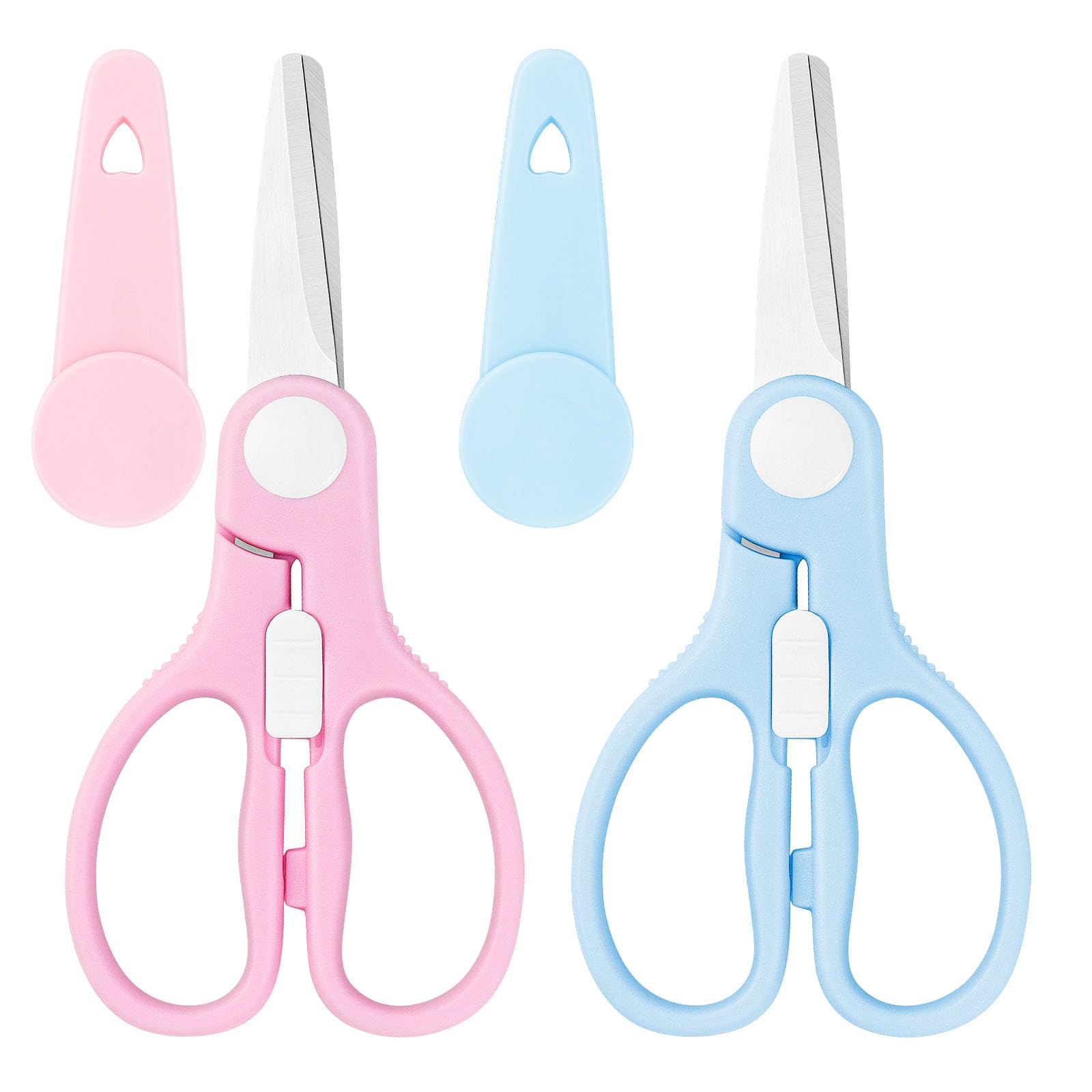 Vutyvve Stainless Steel Food Kids Scissors Set with Travelling Storage Case, Ideal for Cutting Meat, Pasta, Vegetables, Pink/Blue.