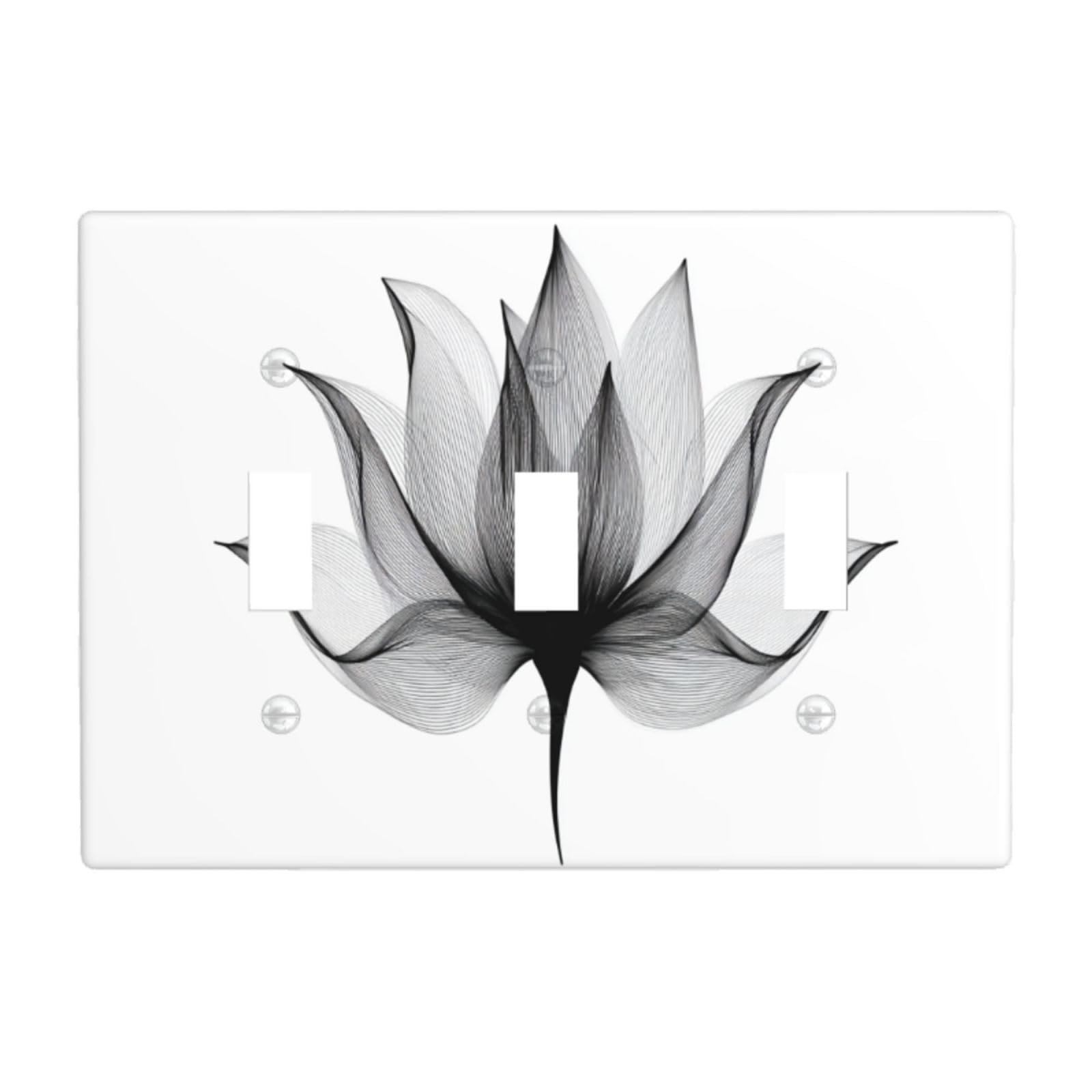 Lotus Drawing Minimalistic Light Switch Covers 3 Gang Triple Toggle Wall Plate Switchplate Electrical Faceplate for Bathroom Kitchen Bedroom Decor