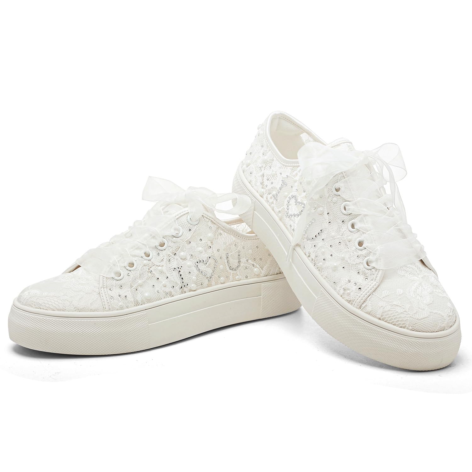 Elivandon 9996 Scarpe da Sposa Pizzo Sneakers da Sposa 3,7cm Piattaforma Sposa Scarpe da Tennis Sparkling Strass Sneakers da Sposa