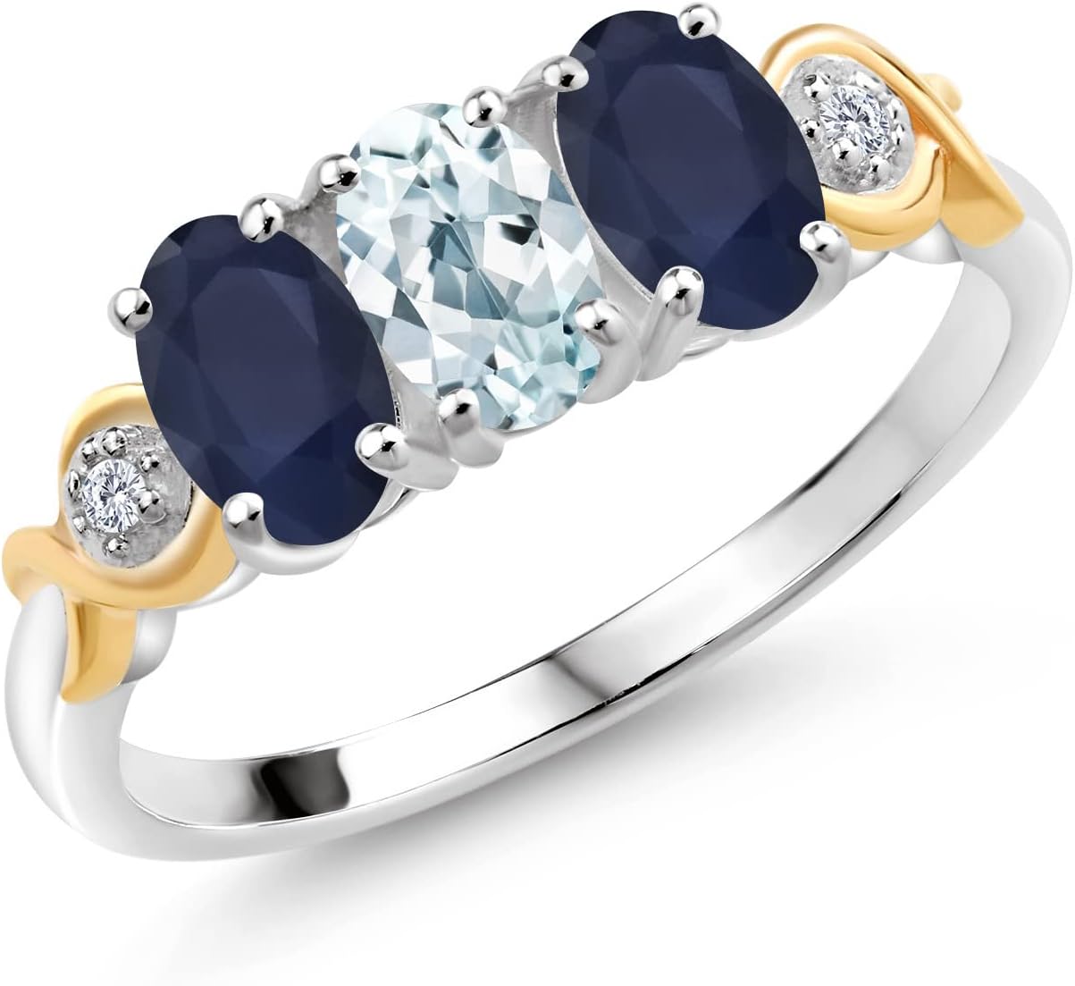 Gem Stone King 925 Silver and 10K Yellow Gold Oval Sky Blue Aquamarine and Blue Sapphire Women Ring (1.63 Cttw, Gemstone Birthstone)