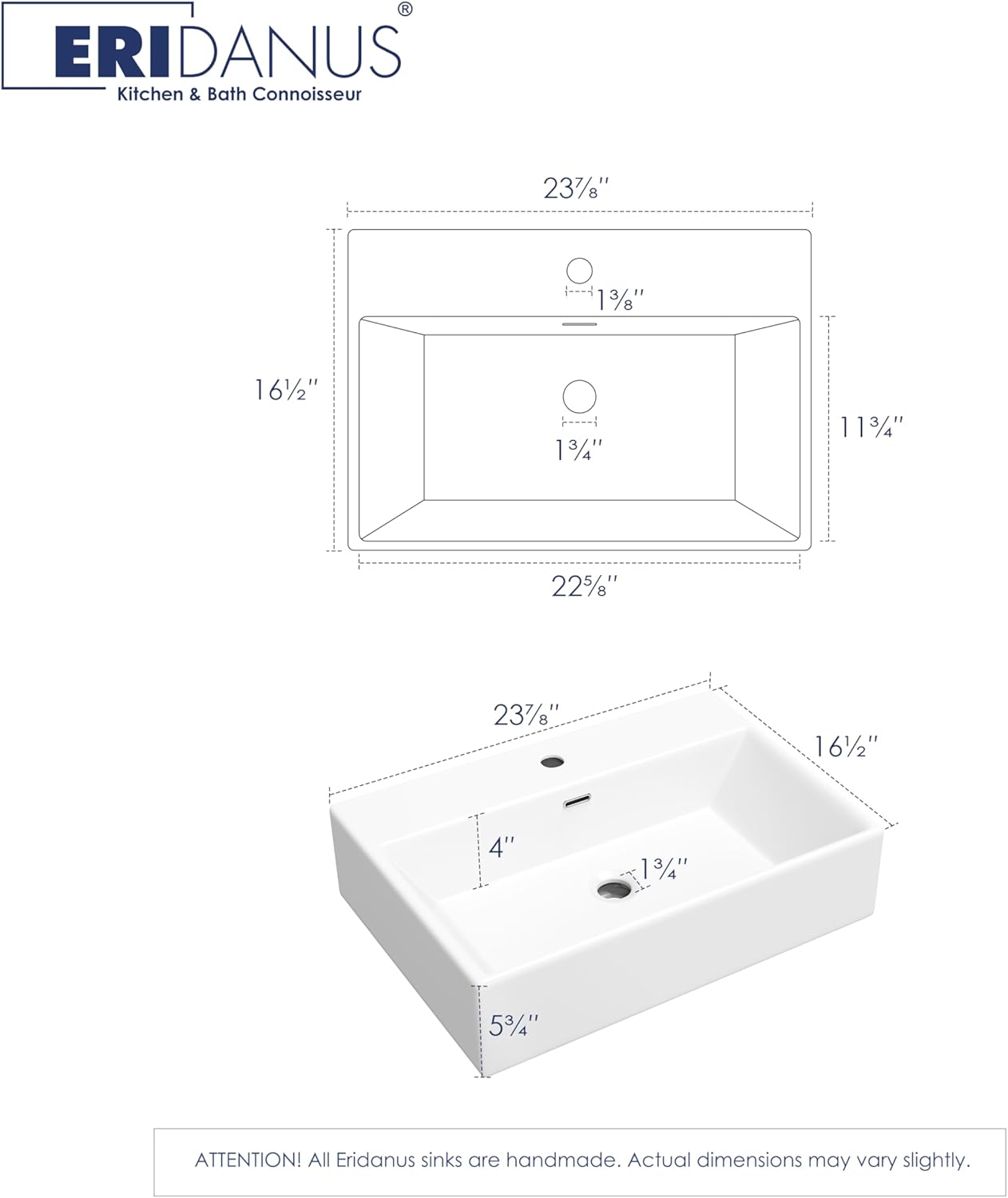 24" x 16.5" Bathroom Sink Vessel Rectangle, Eridanus Hang Wall Mount Sinks Countertop Vanity Floating Trough Washbasin, Ceramic Porcelain Modern White Art Basin Bowl with Overflow