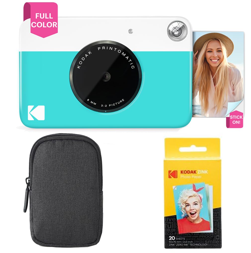 KODAKPrintomatic Full-Color Instant Print Camera Starter Bundle + Carrying Case + Zink 20pk Photo Paper - Colorful Photos On 2x3 Sticky-Back Paper - Fun Gift for Birthday Christmas Holiday - Blue
