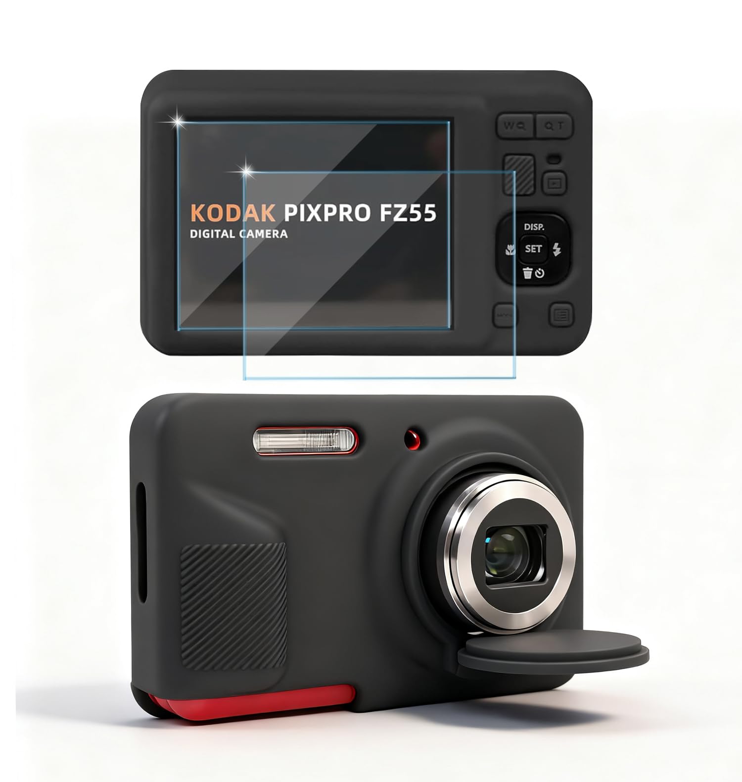 case for kodak pixpro fz55 digital camera accessories, soft silicone protective case, slim fit sleeve with removable lens cover and screen protector, lightweight, anti-scratch (black)