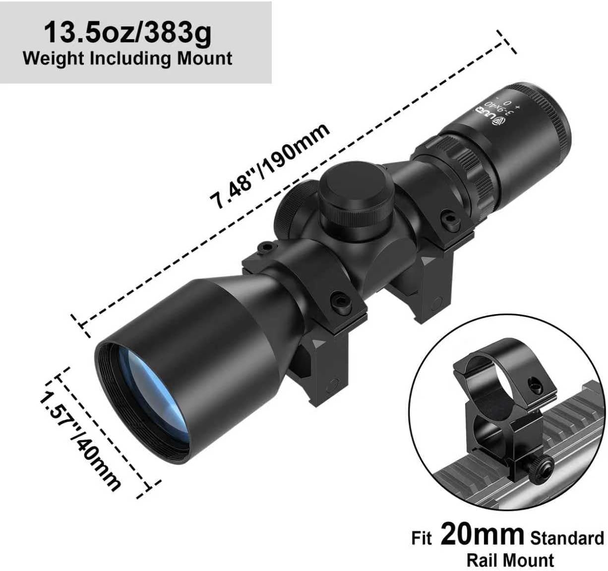UUQ 3-9x40 Compact Rifle Scope - Crosshair Reticle, Extended Eye Relief,Lightweight Aluminum Scope for Hunting, Clear Lens & Quick Focus| Free Mount Included Fits 20mm Picatinny/Weaver Rail