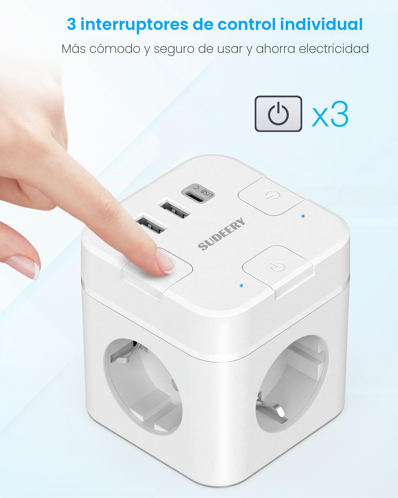 SUDEERY Enchufe 6 en 1 cubo con USB C,regleta de 3 enchufes,enchufe plano con conmutable individual,enchufe múltiple con cable de 2m,1 conector múltiple tipo C USB para oficina, casa, viajes (blanco)