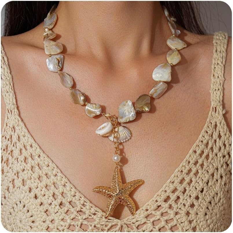 Shell Necklaces for Women - 18k Gold Plated Starfish Seashell Charm Necklace Adjustable Beachy Stackable Necklaces for Women Elegant Ocean Gift