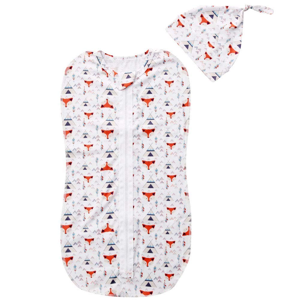 HodJIU Newborn Infant Baby Girls Boys Sleeping Bags Cartoon Animal Print Zipper Swaddle Wrap Blanket + Hat (Red fox head, 3-6 months)