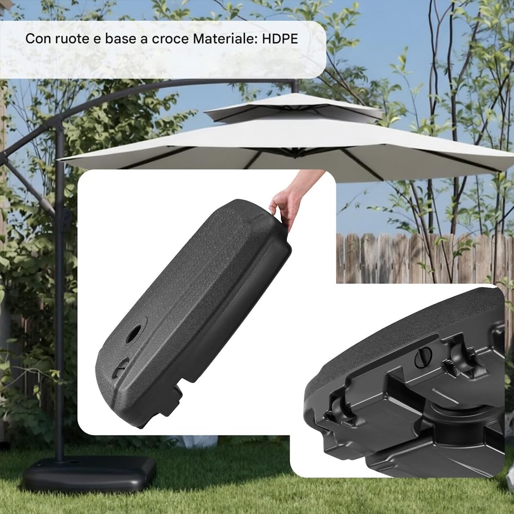 BAKAJI Base per Ombrellone con Ruote da Giardino, Capienza 60 Litri Riempibile con Acqua o Sabbia per Maggiore Stabilità, Supporto in Plastica Resistente alle Intemperie da Esterno, 80 x 60 x 17 cm