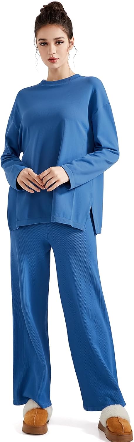 SUUKSESS Women Lounge Sets 2 Piece Pajamas Sets Long Sleeve Tops Wide Leg Pants X-Small Navy