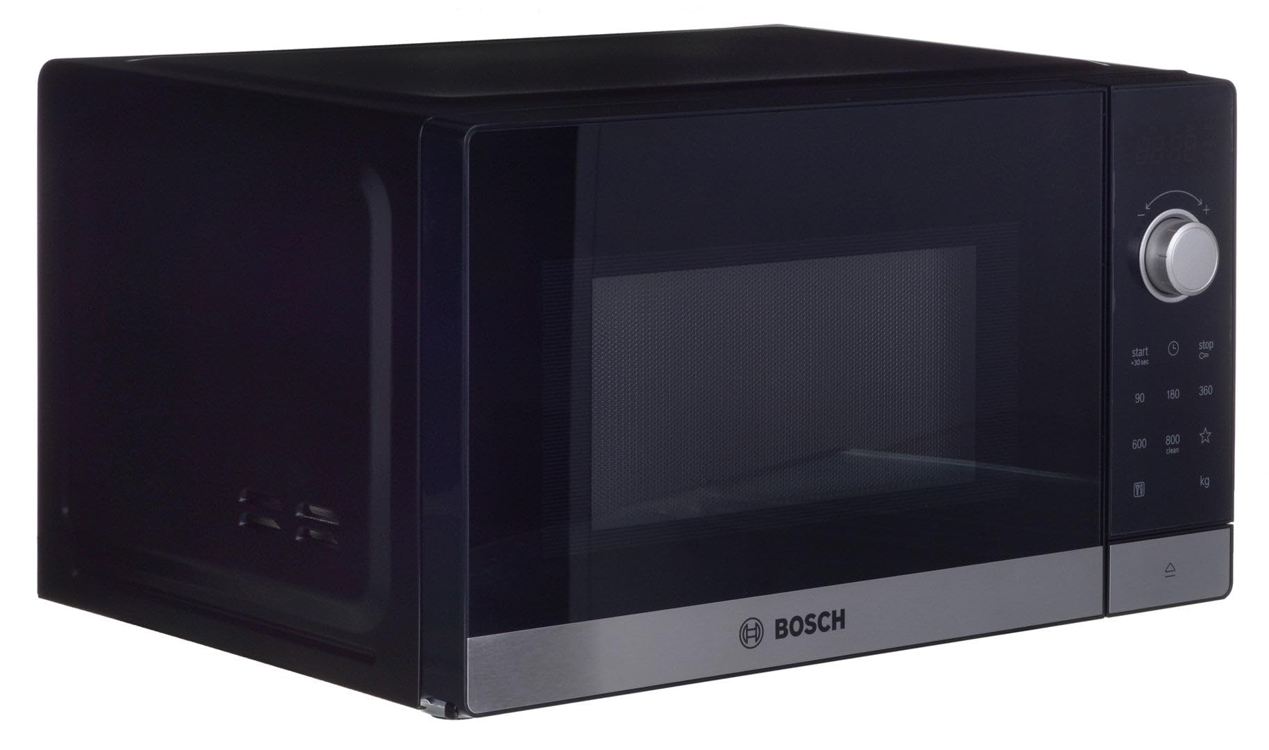 Bosch FFL023MS2 Serie 2 freistehende Mikrowelle, 26 x 44 cm, 800 W, Drehteller 27 cm, Türanschlag Links, AutoPilot 7 mit 7 Automatikprogramme, Reinigungsunterstützung, LED-Touchdisplay, Edelstahl