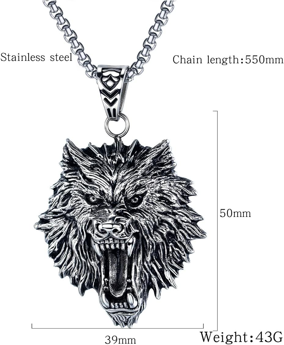 FUTIMELY Men's Stainless Steel Viking Wolf Necklace - Vintage Gothic Tribal Pendant - Punk Style Domineering Fierce Amulet Wolf Head Jewelry - Image 3