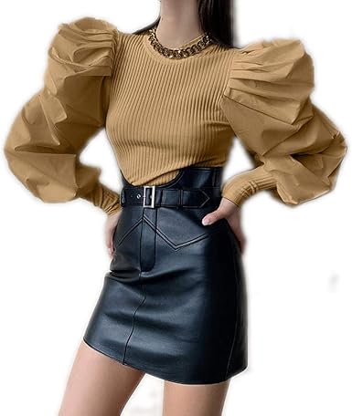 Blusa de Manga Farol para Mujer con Costuras de Color Sólido Estilo clásico  de Punto Camisas Sueltas y Casuales (Caqui, M): Amazon.es: Ropa