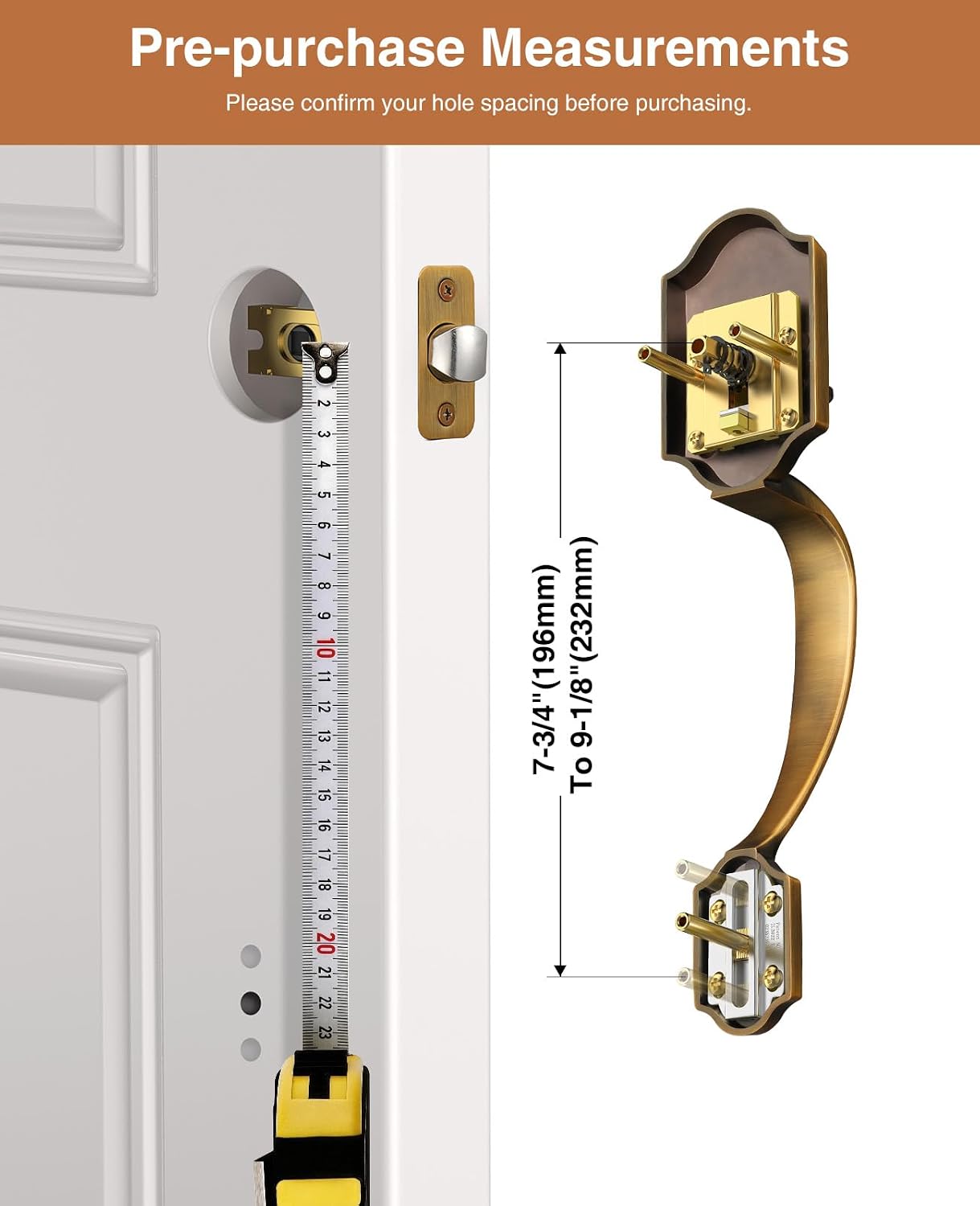 Image demonstrating how to measure door hole spacing with a tape measure.