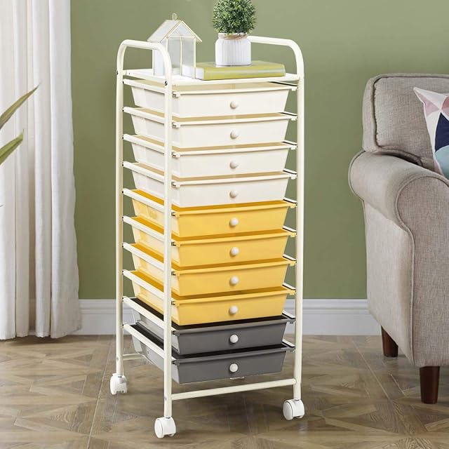 COSTWAY 10/20 Drawers Storage Trolley, Home Office Stationary Rolling Cart with 4 Wheels, Multipurpose Mobile Organiser Shelving Unit for Makeup Beauty Salon (10 Drawers, Yellow)