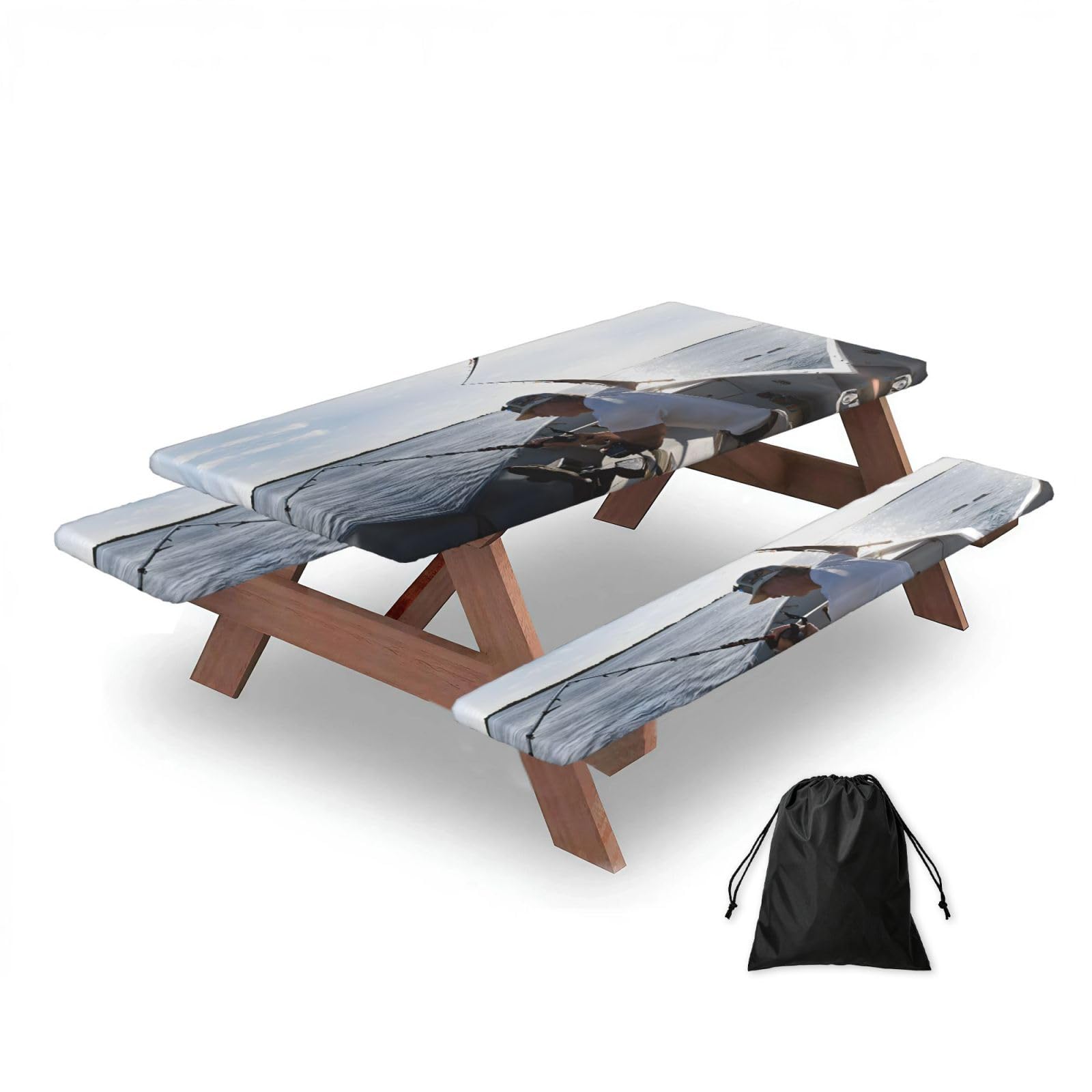 ESNAIUVCD Fishing Rod Print Picnic Table Cover With Bench Covers,Camping Essentials,Fitted Tablecloth Cover With Elastic Edge, For Indoor & Outdoor 3 Pcs