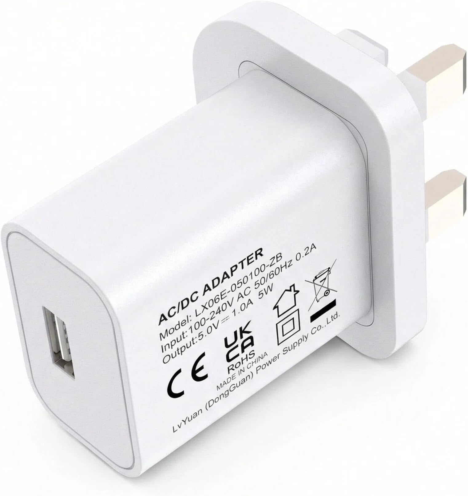 – 5V 1A 5W White USB Charger, UK Usb Plug, USB-A Output, USB Power Adapter Travel Ready, 100V-240V Input, for Phone, Tablet, Speakers