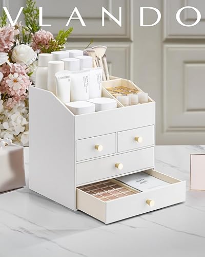 Miniatura 9 de Vlando Organizador de maquillaje para encimera, organizador de tocador grande, de piel sintética, con 4 cajones, organizador de cuidado de la piel,