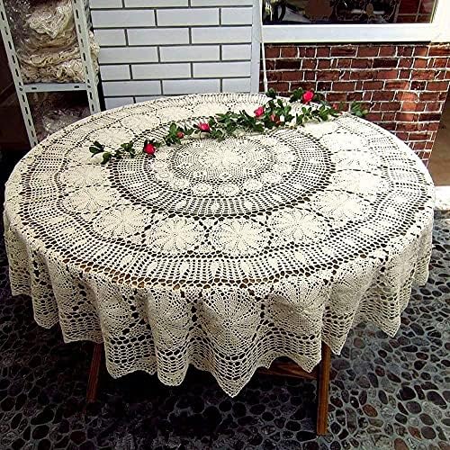 USTIDE 90 inch Handmade Crochet Tablecloth Beige Cotton Lace Tablecloths Elegant Kitchen Wedding Table Covers