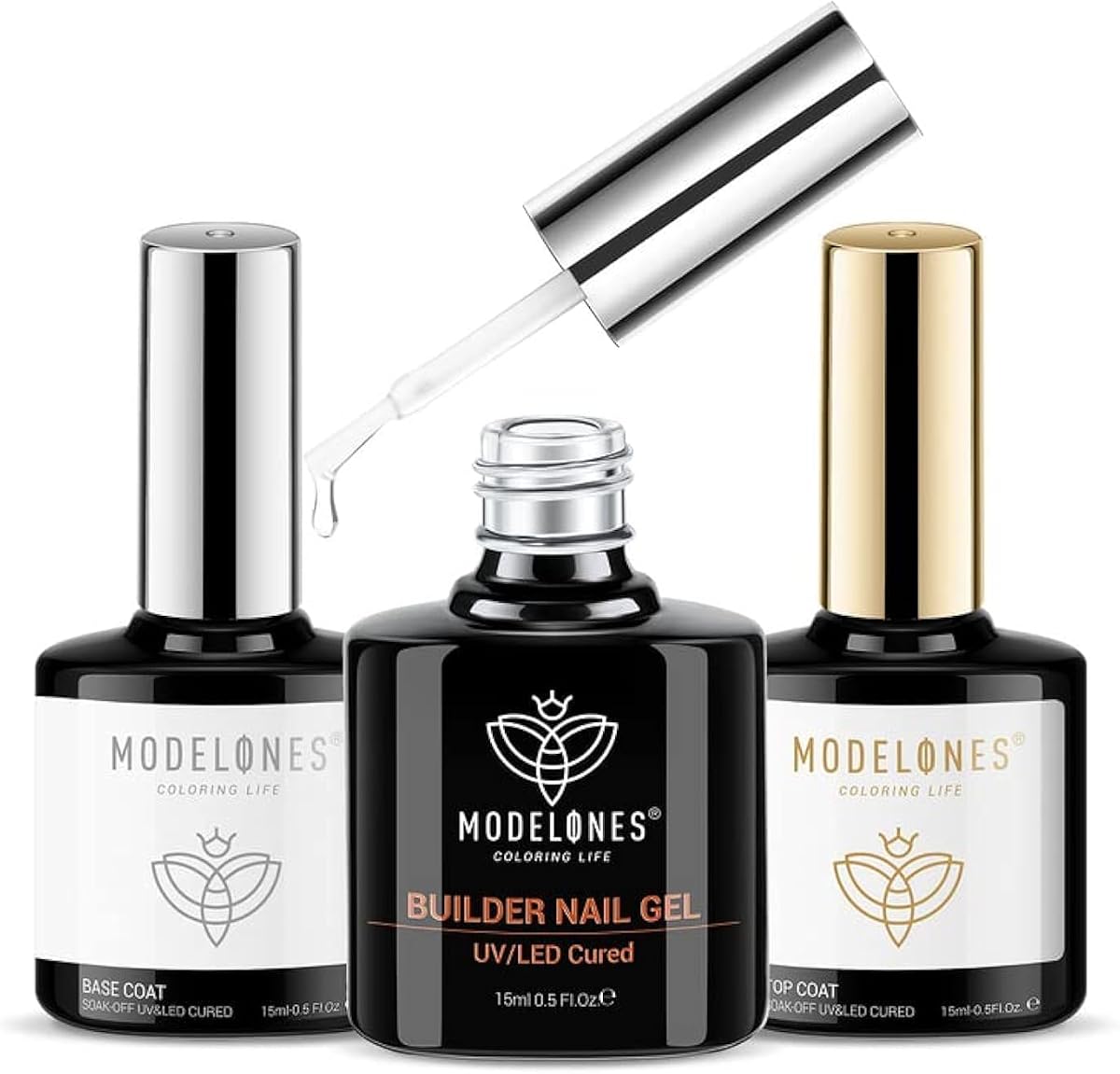 modelones Builder Nail Gel with Gel Top Coat, 3Pcs Clear Builder Nail Kit | Thickening Apex Building Extension Rhinestone Gel Tips Glue, U/V LED Lamp Cured for Home DIY Salon Girls