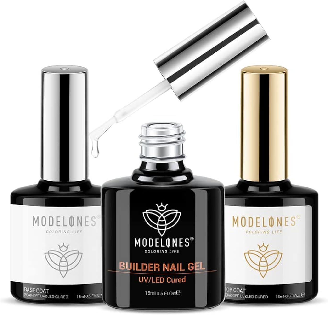 modelones Builder Nail Gel with Gel Top and Base Coat, 3Pcs Gel Nail Kit for Thickening Apex Building Nail Extension Rhinestone Gel Nail Glue, LED Lamp Cured