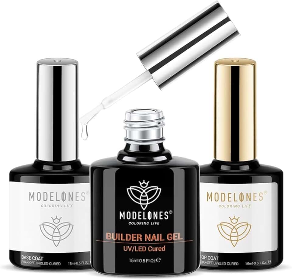 modelones Gel Builder para unhas com top coat em gel, kit transparente de 3 peças para unhas Builder para espessamento de ápice, extensão de construção, pontas de gel com strass, cola, lâmpada LED U/V curada para salão de beleza caseiro faça você mesmo para meninas