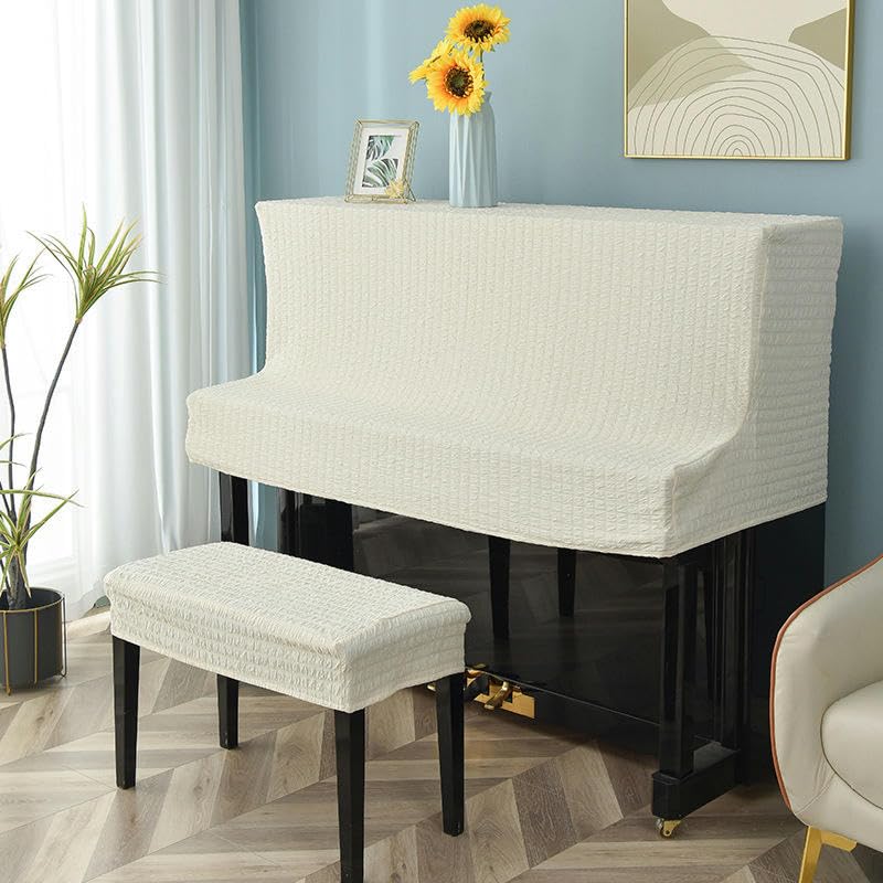 per 150 CM Standard Pianoforte Doppio Strato Elastico Pianoforte Verticale Copertura Antipolvere con Sgabello Copertura Mezza Pianoforte Copertura Panno Bianco