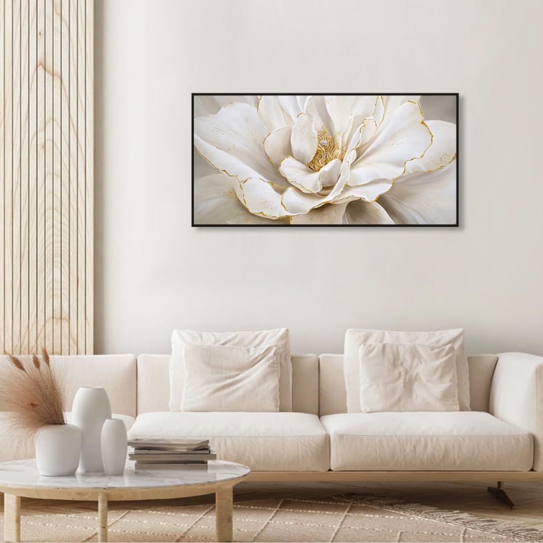 Framed White Flower Wall Art, Gold Foil Beige Magnolia Canvas Print, Modern Abstract Floral Painting, Large Wall Decor for Living Room Bedroom Office 20 x 40 Inch image 2
