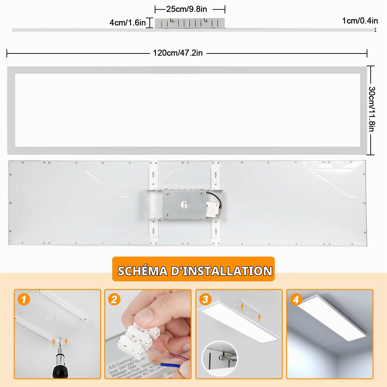 OTREN Panneau LED Ultra Plat 120x30cm, 40W Plafoniera LED Soffitto Dimmable avec Télécommande Luminaire Plafonnier Rectangulaire pour Bureau Salon Chambre Cuisine, 2800K-6000K