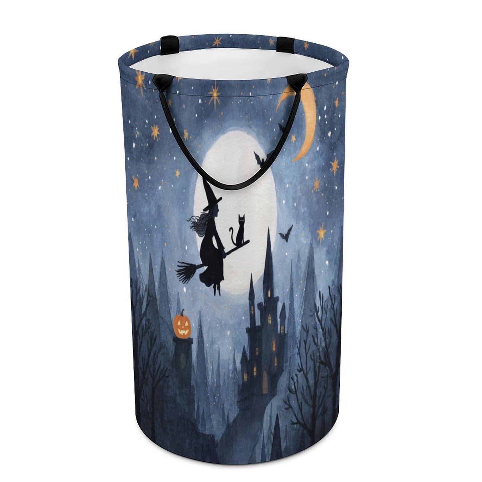 LUYYSKY Rustic Realistic Witch Silhouette Collapsible Dirty Clothes Basket, Oil Painting Full Moon Halloween Castle Animal Black Cat Portable Clothes Storage Basket