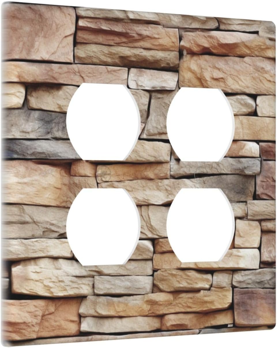 Outlet Covers Stone Textured Brown Brick Natural Stone 2 Gang Double Duplex Decorative Light Switch Covers Electrical Wallplates Socket Faceplate For Farmhouse Cabin Decor