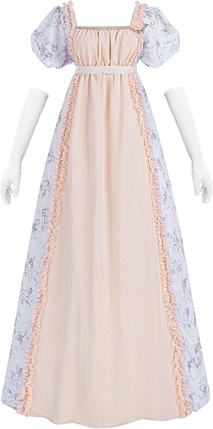 LTAKK Regency Dress Women Regency Costume Empire Waist Tea Party Victorian Gown with Gloves, Sash and Corsage