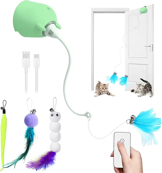 Cat Toys Interactive for Indoor Cats, Rechargeable Toy Hanging Door Electric with 4pcs Feathers Toys for Bored Kittens (Green)