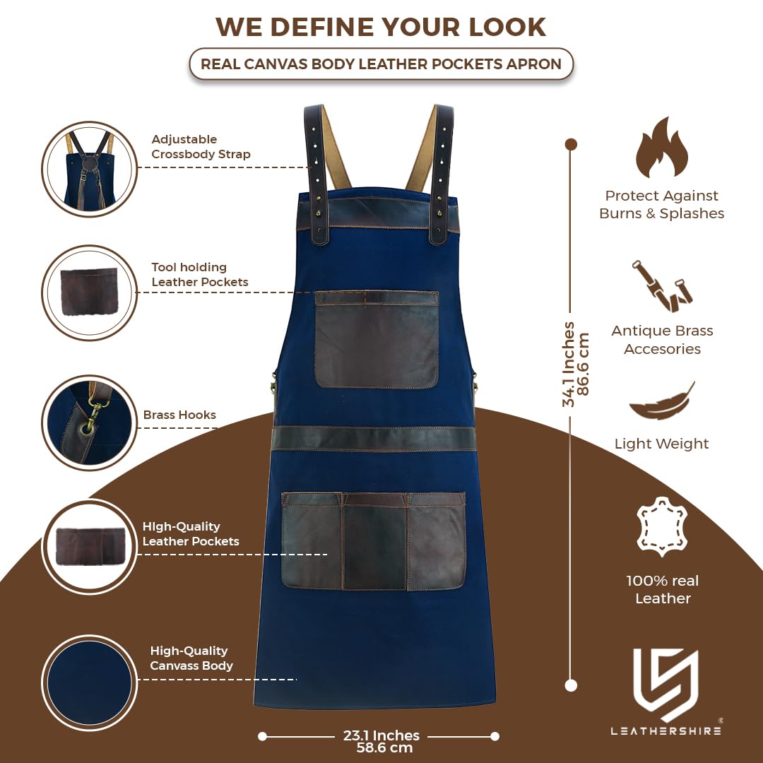 Top Grain Leather Blue Canvas Crossbody Apron Butcher -Cook, BBQ, DIY, Blacksmith, Barber, woodwork apron Gift for Him Gift for Her - Image 2