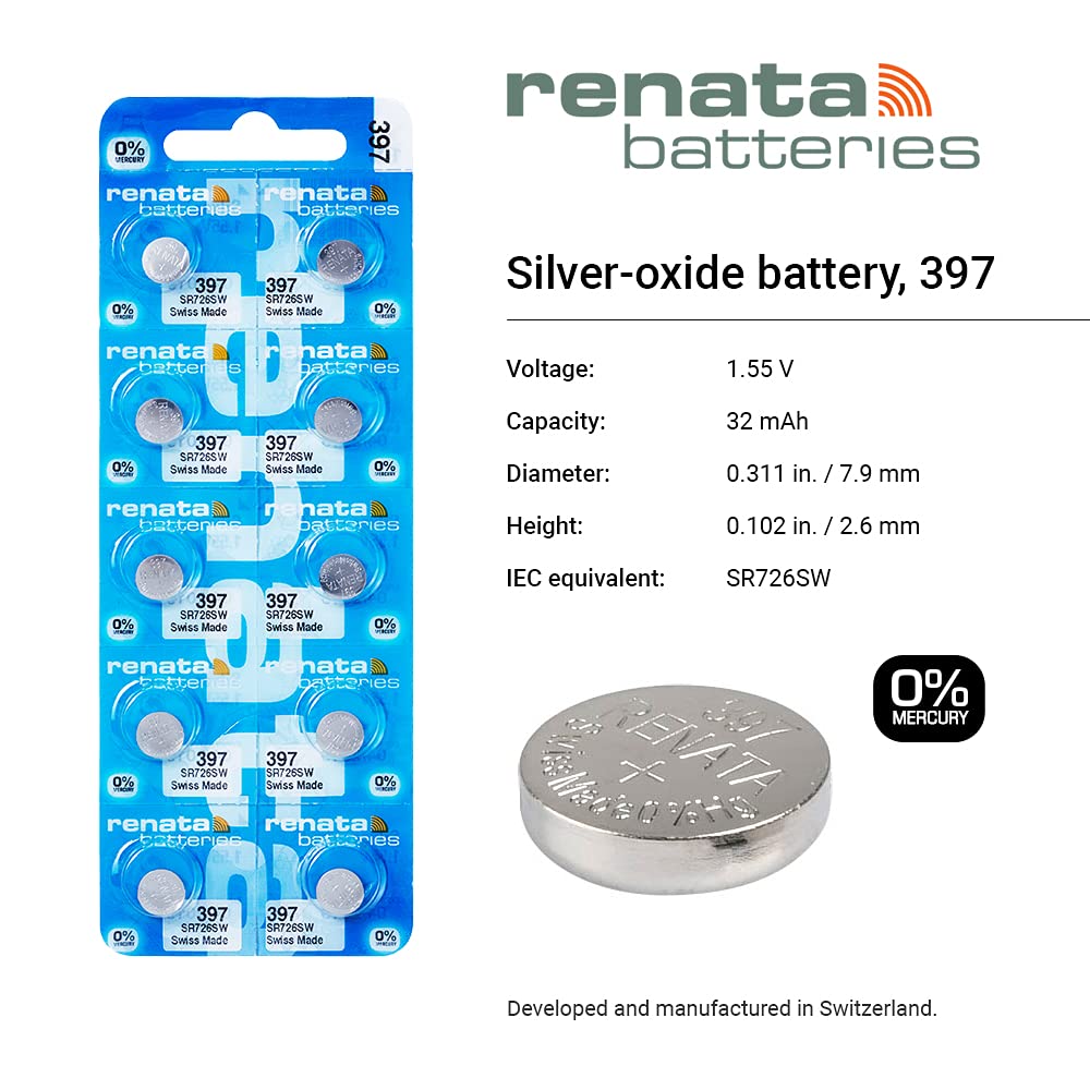 Pile Renata 397 (SR726SW) 1,55V - Pile Montre D'origine - Remplacement Pile Bracelet Connecté, Petit Appareil