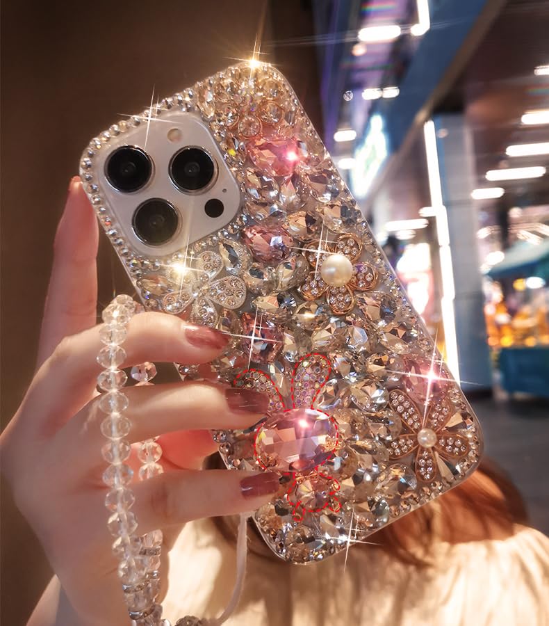 LXXZBC for Samsung Galaxy Note 20 Diamond Case Luxury for Women Girls Kids Design Handmade Glitter Bling Rhinestone 3D Flower Pearl Pretty Phone Cover with Crystal Wrist Strap,Pink