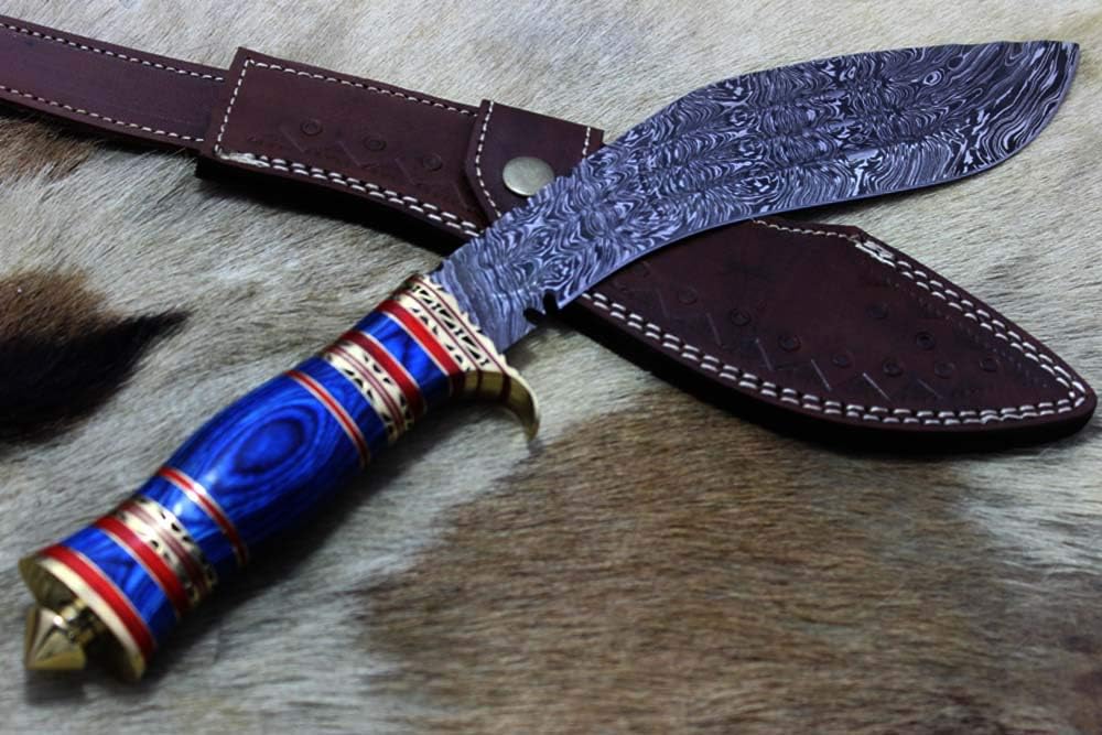 15 Inches Long Hand Forged Damascus Steel Kukri Knife, 10" Long Blade, Custom Made Hand Crafted Scale with Engraved Brass, Includes Cow Hide Leather Sheath (Colored Bone)